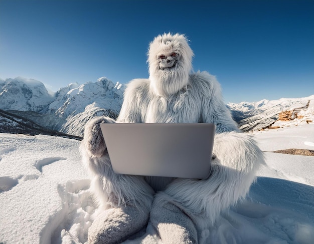 Foto yeti trabalhando remotamente com laptop no himalaia surfando na internet