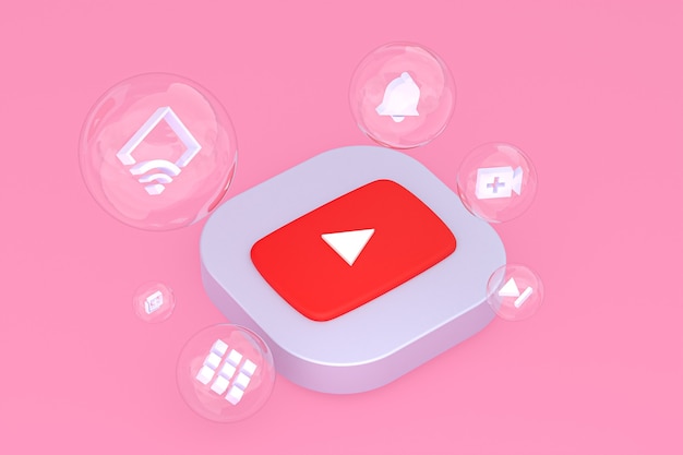 Foto youtube-symbol auf dem bildschirm smartphone oder handy 3d-render auf rosa hintergrund