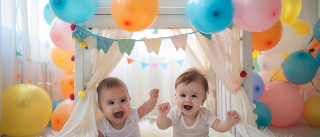 Foto zwei babys spielen in einem spielhaus