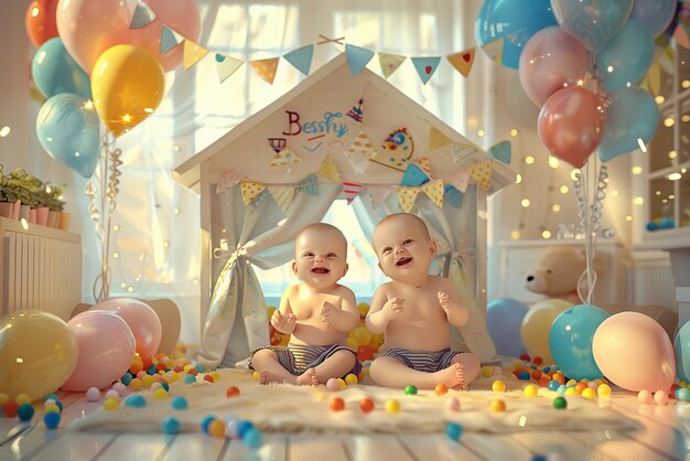 Foto zwei babys spielen in einem spielhaus