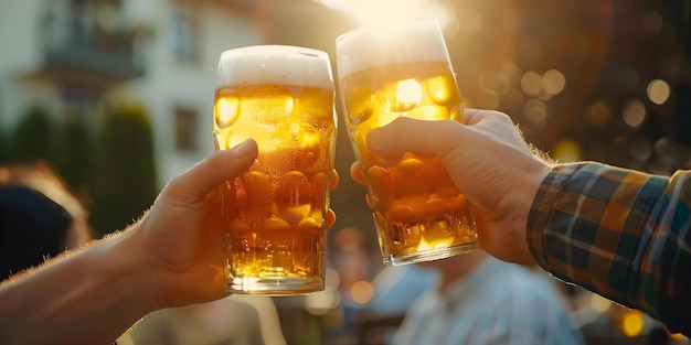 Foto zwei freunde trinken leichtes bier auf dem oktoberfest mit weichem fokus hintergrund konzeptfest spaß freundschaft toast bier cheers oktoberfest feier