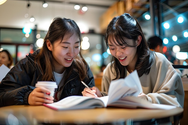 Foto zwei glückliche asiatische studenten machen zusammen eine hausaufgabe in einem café