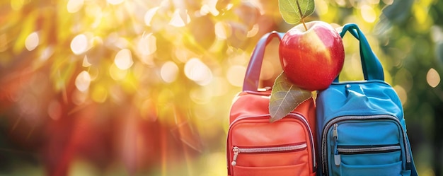 Foto zwei rucksäcke und ein roter apfel sind bereit für schüler, die zur schule zurückkehren