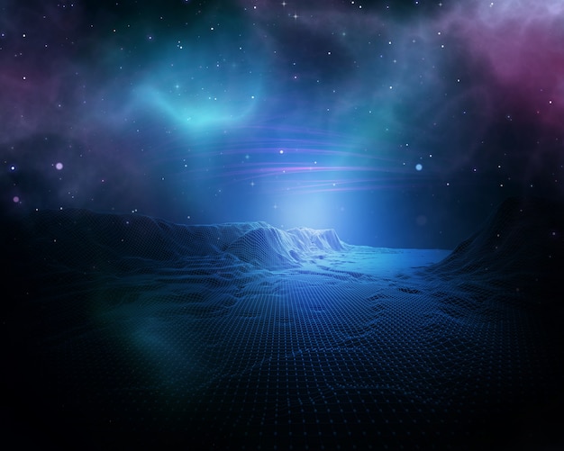 Free photo 3d abstract space background with wireframe landscape