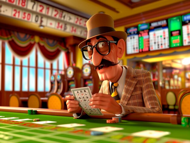 3d cartoon rendering of person playing in a casino