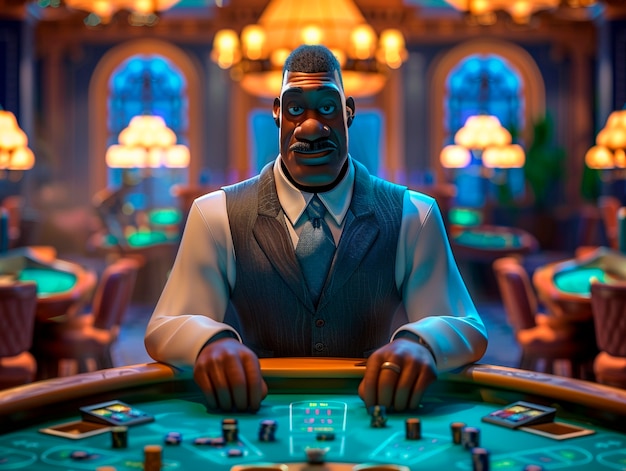 3d cartoon rendering of person playing in a casino