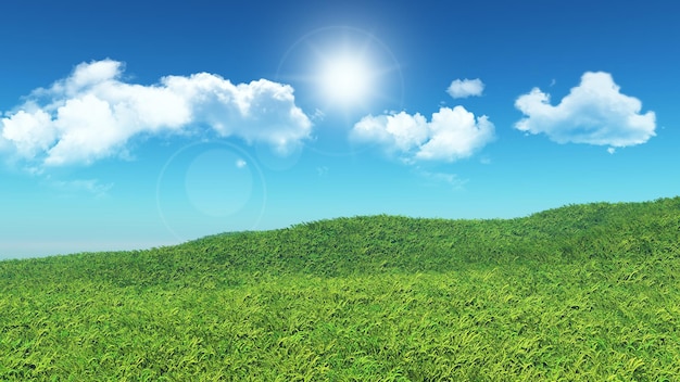 Free photo 3d landscape of grassy hill with clouds in a blue sky