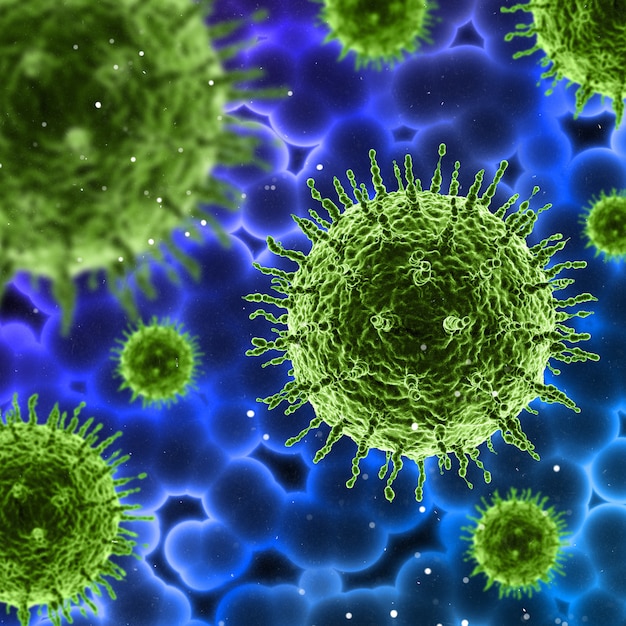 Free photo 3d medical background with close up of fictional virus cells