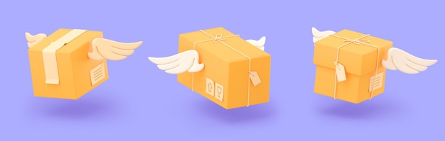 Free Photo 3d render delivery box with wings in flight set