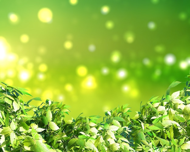 Free photo 3d render of green leaves on a sunny bokeh lights background