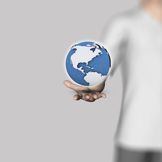 Free photo 3d render of a male figure holding a globe in his hand