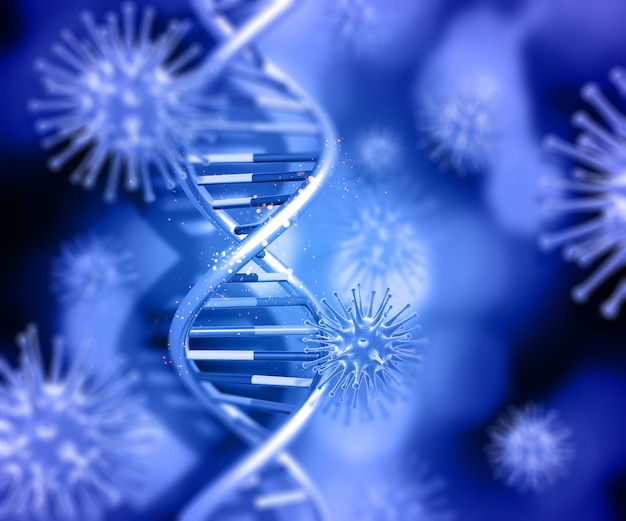 Free photo 3d render of a medical background with dna strand and virus cells