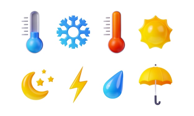 Free photo 3d render weather icons set sun snowflake drop