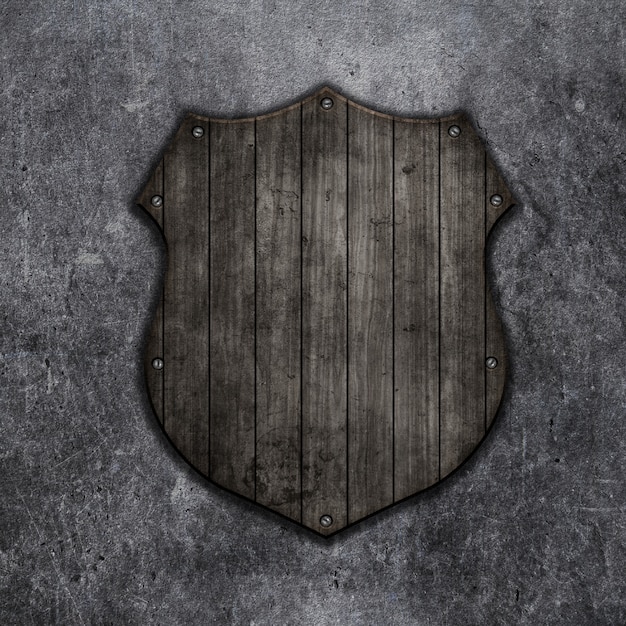 Free photo 3d render of a wooden shield on a grunge background