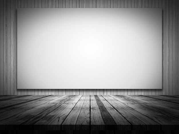 3D render of a wooden table looking out to a blank canvas on a wood wall