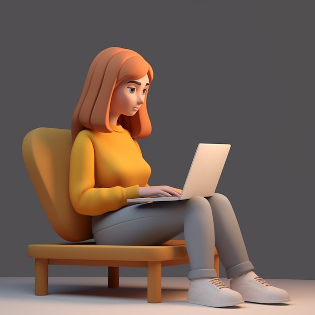 3d rendering of cartoon like woman working on computer