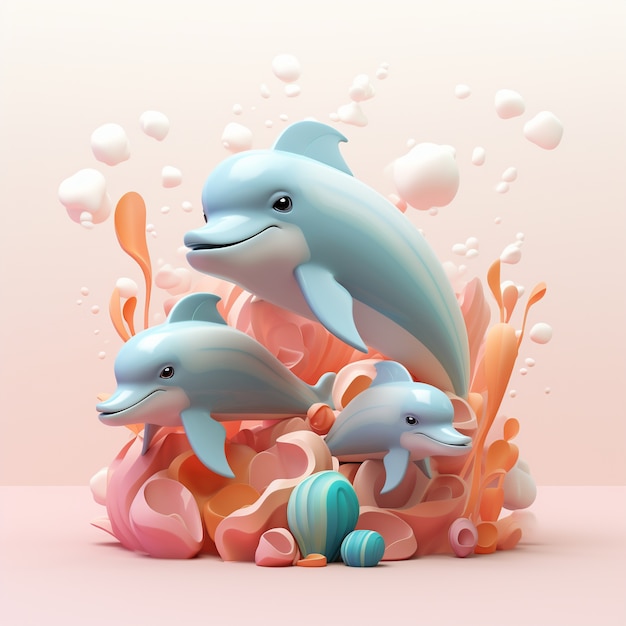 Free photo 3d rendering of dolphins swimming over flower