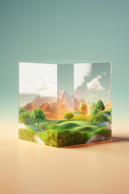 Free photo 3d rendering of landscape in cube