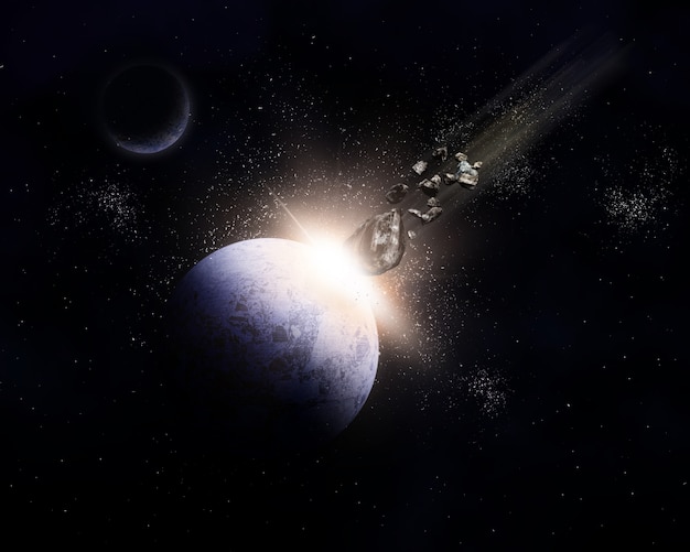 Free photo 3d space background with meteorites colliding with planet