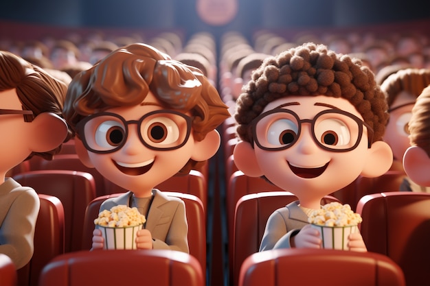 3d view of kids watching a movie at the cinema