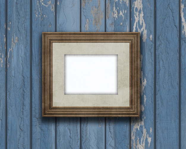 Free Photo 3d vintage blank picture frame on an old wooden wall