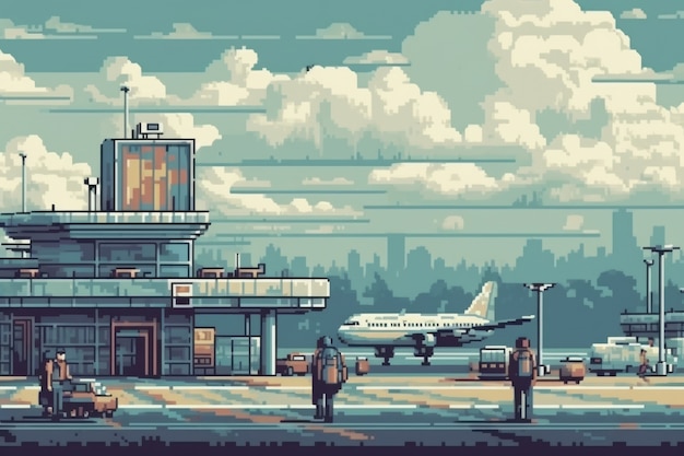 Foto gratuita scena con pixel grafici a 8 bit con aeroporto