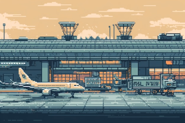 Foto gratuita scena con pixel grafici a 8 bit con aeroporto