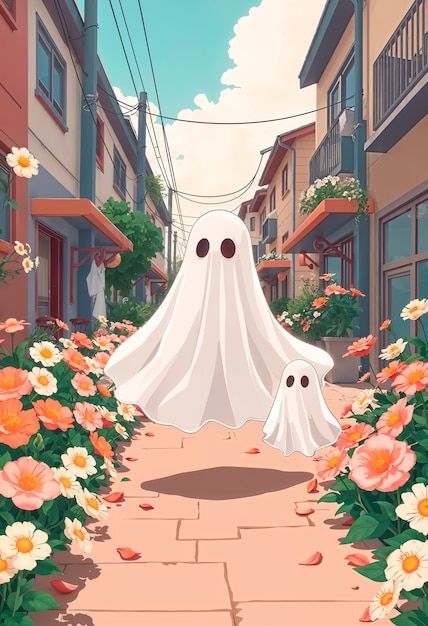 Adorable ghost in the city  illustration