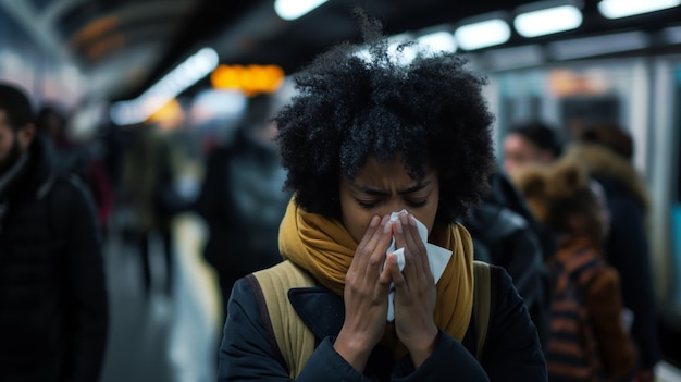 Adult blowing their snot in a tissue