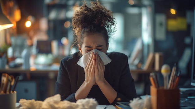 Adult blowing their snot in a tissue