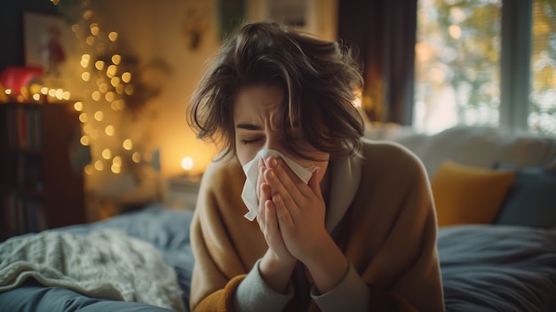 Adult blowing their snot in a tissue