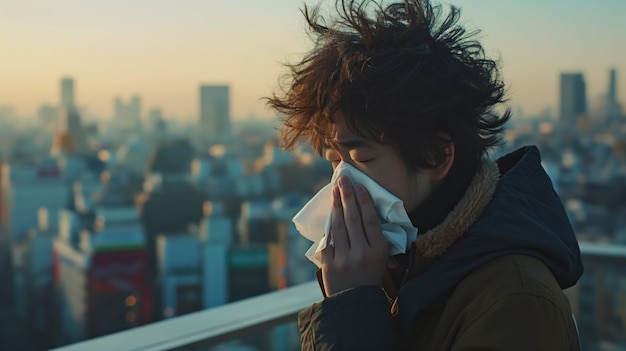 Adult blowing their snot in a tissue