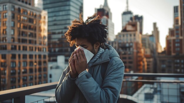 Adult blowing their snot in a tissue