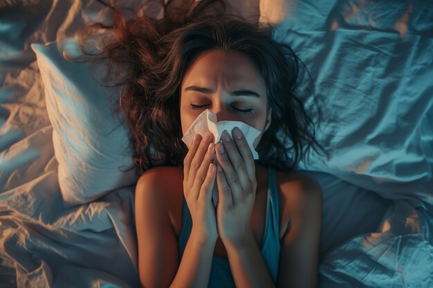 Adult blowing their snot in a tissue