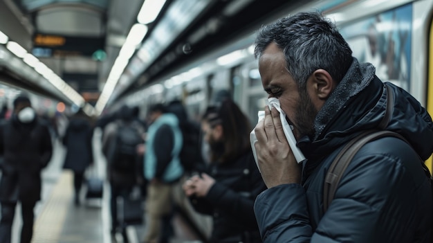 Adult blowing their snot in a tissue