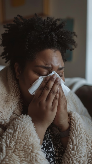 Adult blowing their snot in a tissue