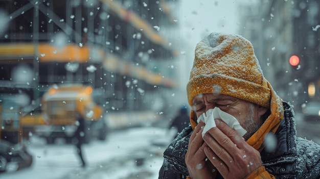 Adult blowing their snot in a tissue