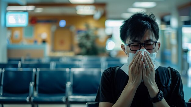 Adult blowing their snot in a tissue