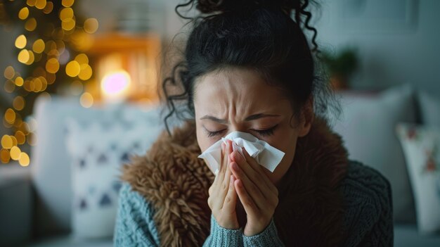 Adult blowing their snot in a tissue