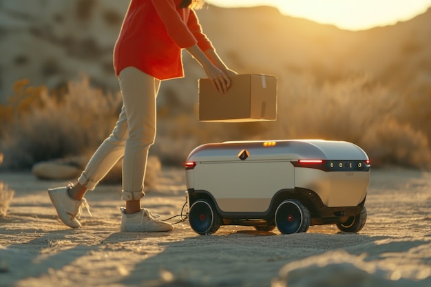 Free photo adult person interacting with futuristic delivery robot