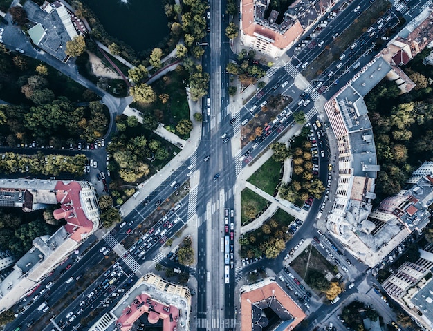 Free photo aerial drone shot of an urban city busy road intersection