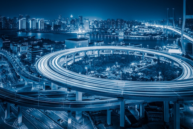 Free photo aerial view of shanghai overpass at night