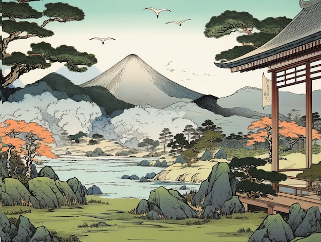 Free Photo ancient japan background in digital art style