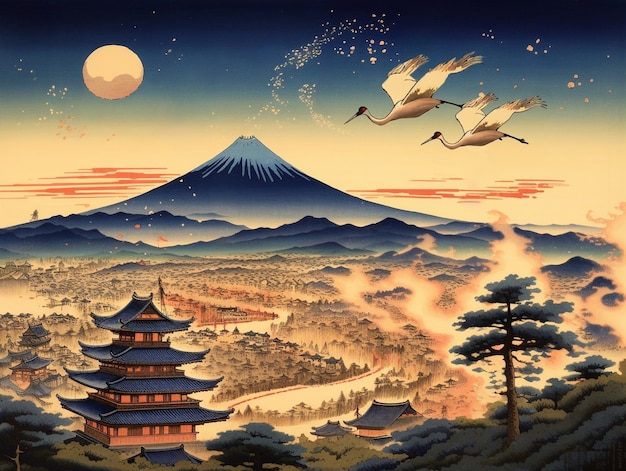 Free Photo ancient japan background in digital art style