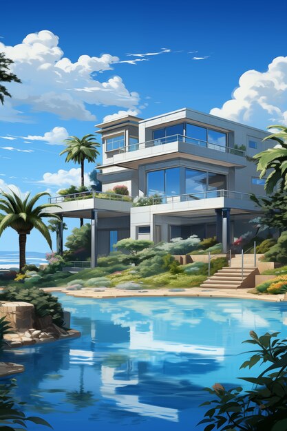 Anime countryside house illustration