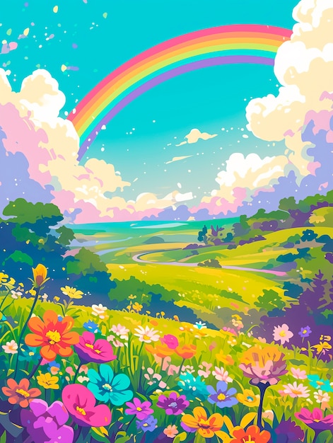 Free photo anime rainbow landscape