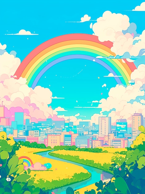 Free photo anime rainbow landscape