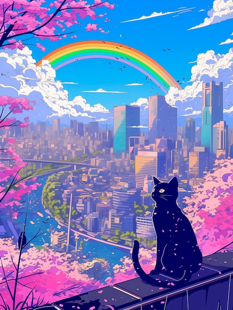 Free photo anime rainbow landscape