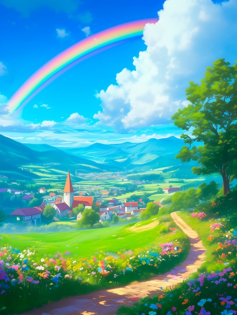 Free photo anime rainbow landscape