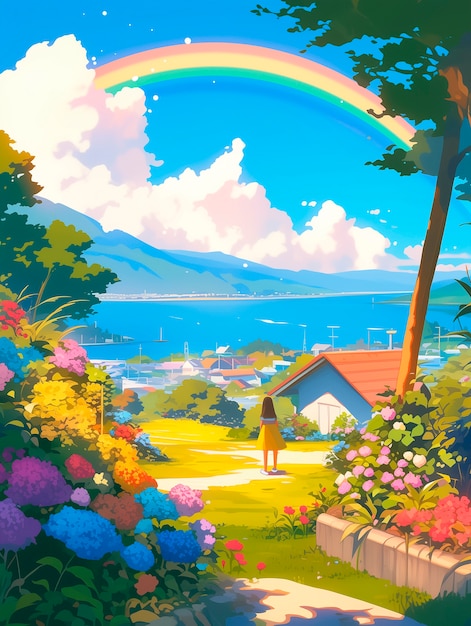 Free photo anime rainbow landscape